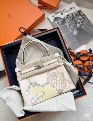 Hermes Kelly 25 in and Out Limited Edition Painted Cream Silver
