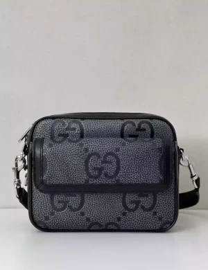 Borsa a tracolla GG jumbo piccola in pelle GG grigia e nera – BG077